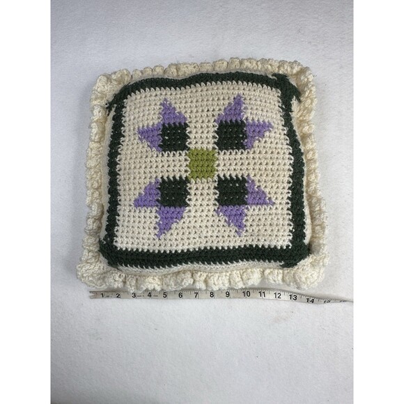 Vintage Granny Square Hand Made Crochet Pillow Purple Ruffle - Picture 4 of 8